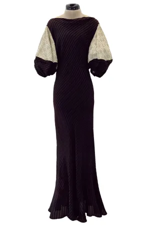 1930s Bias Cut Silk & Chenille Dress w Amazing Silk Metallic Lame Balloon Sleeves