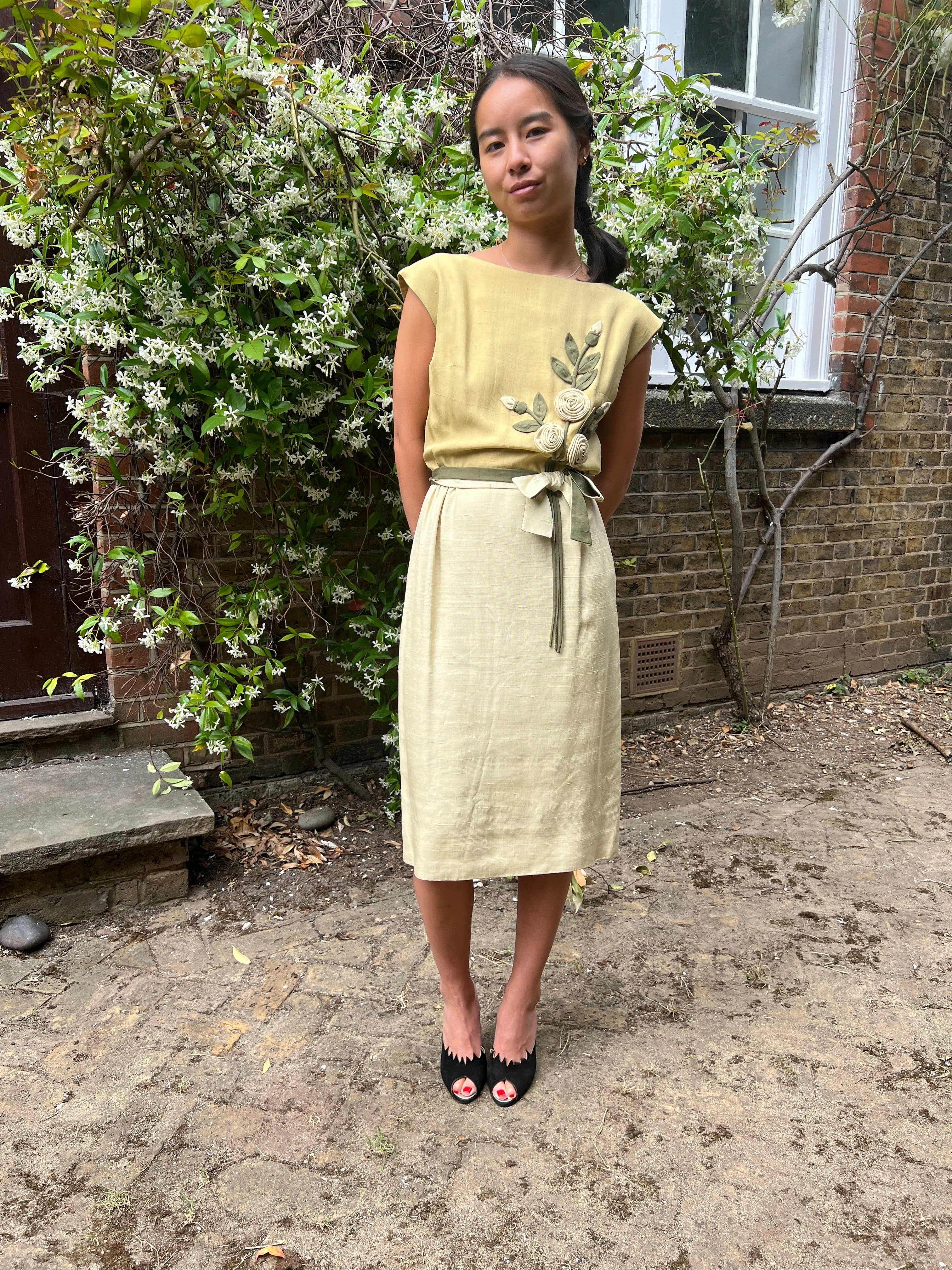 1960s Jane Frye Silk Green Dress with 3D Floral Applique