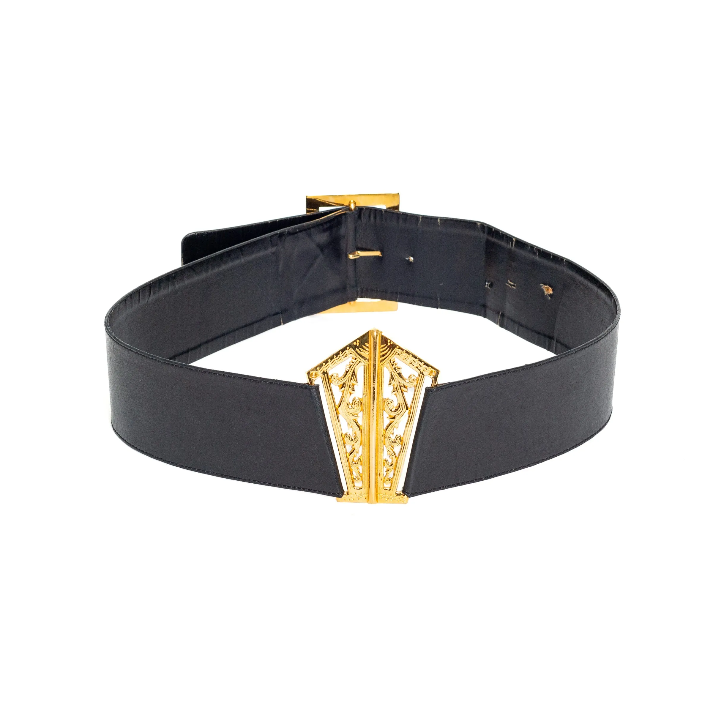 1990s Black Leather 24k Gold-Plated Filigree Belt