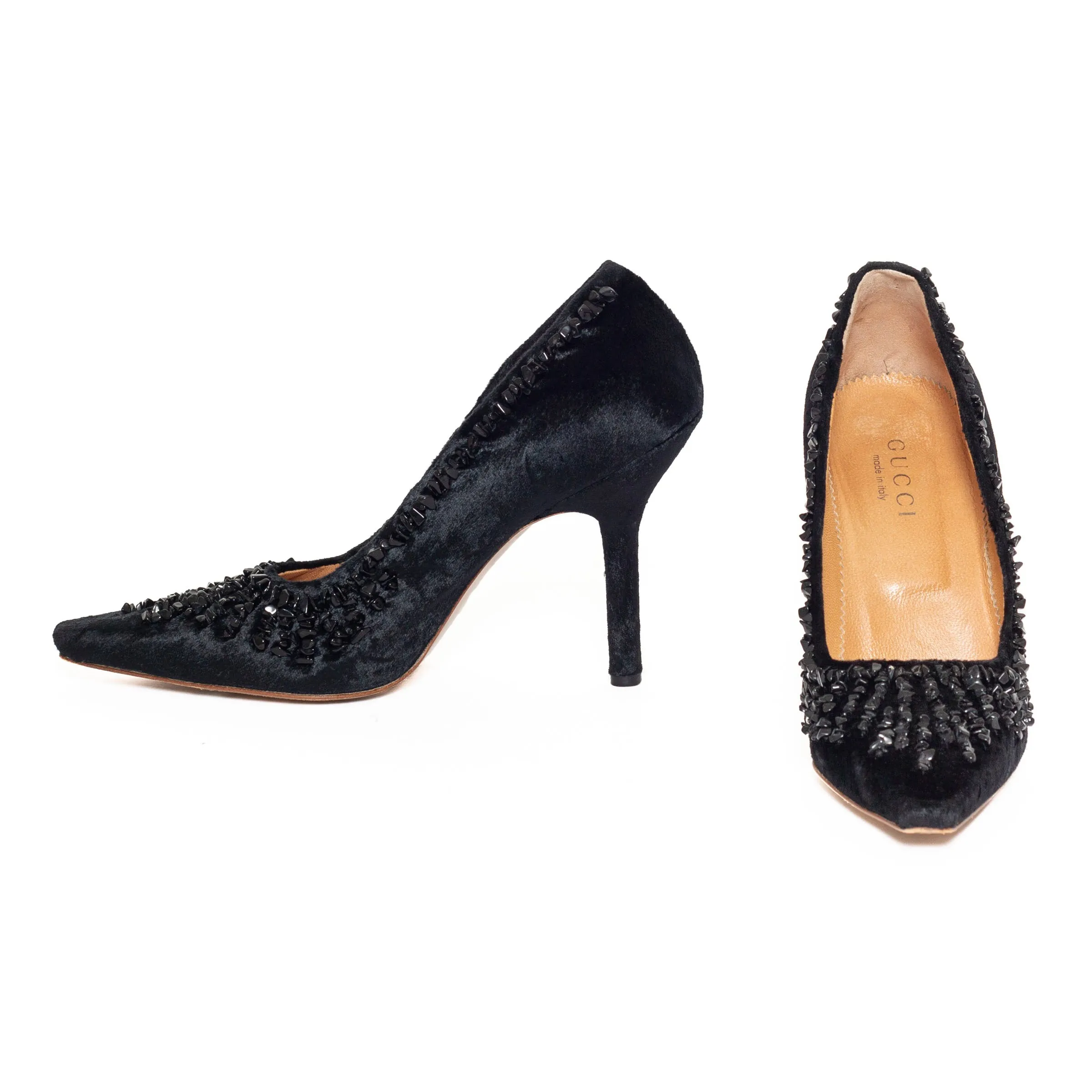 1990s Black Velvet Rock Beaded Pumps 8