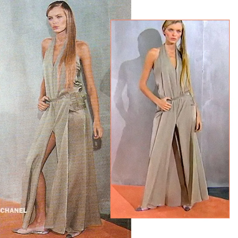 1999 Beige and Gold Viscose-Blend Halter V-Neck Maxi Dress