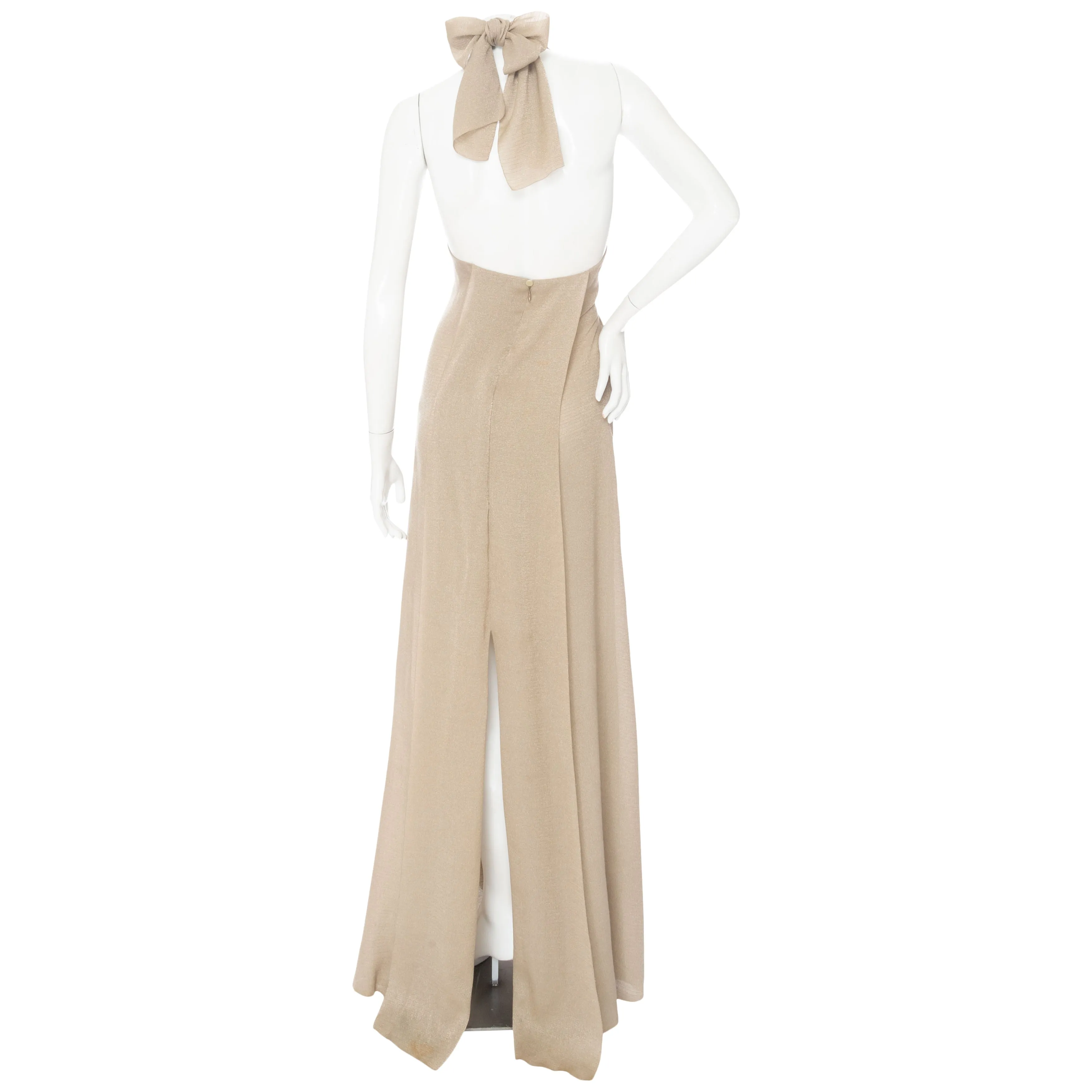 1999 Beige and Gold Viscose-Blend Halter V-Neck Maxi Dress