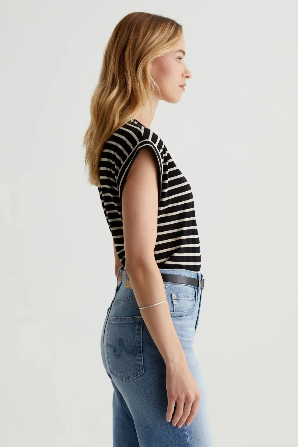 AG Denim Rowan Striped Rolled Sleeve T-Shirt - Coastal Stripe True Black/ Flax