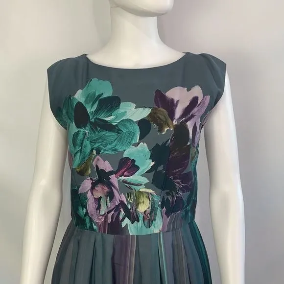 AlbertaFerretti gray silk floral print/pleated bottom dress