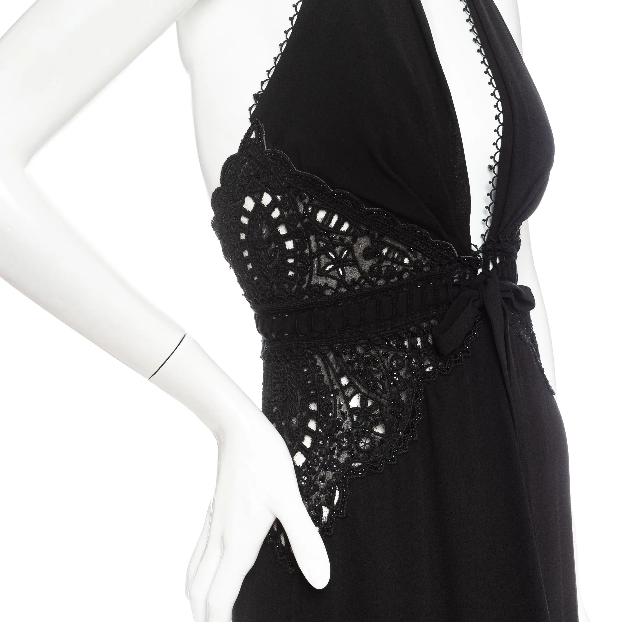 Black Silk Chiffon and Lace Halter V-Neck Dress