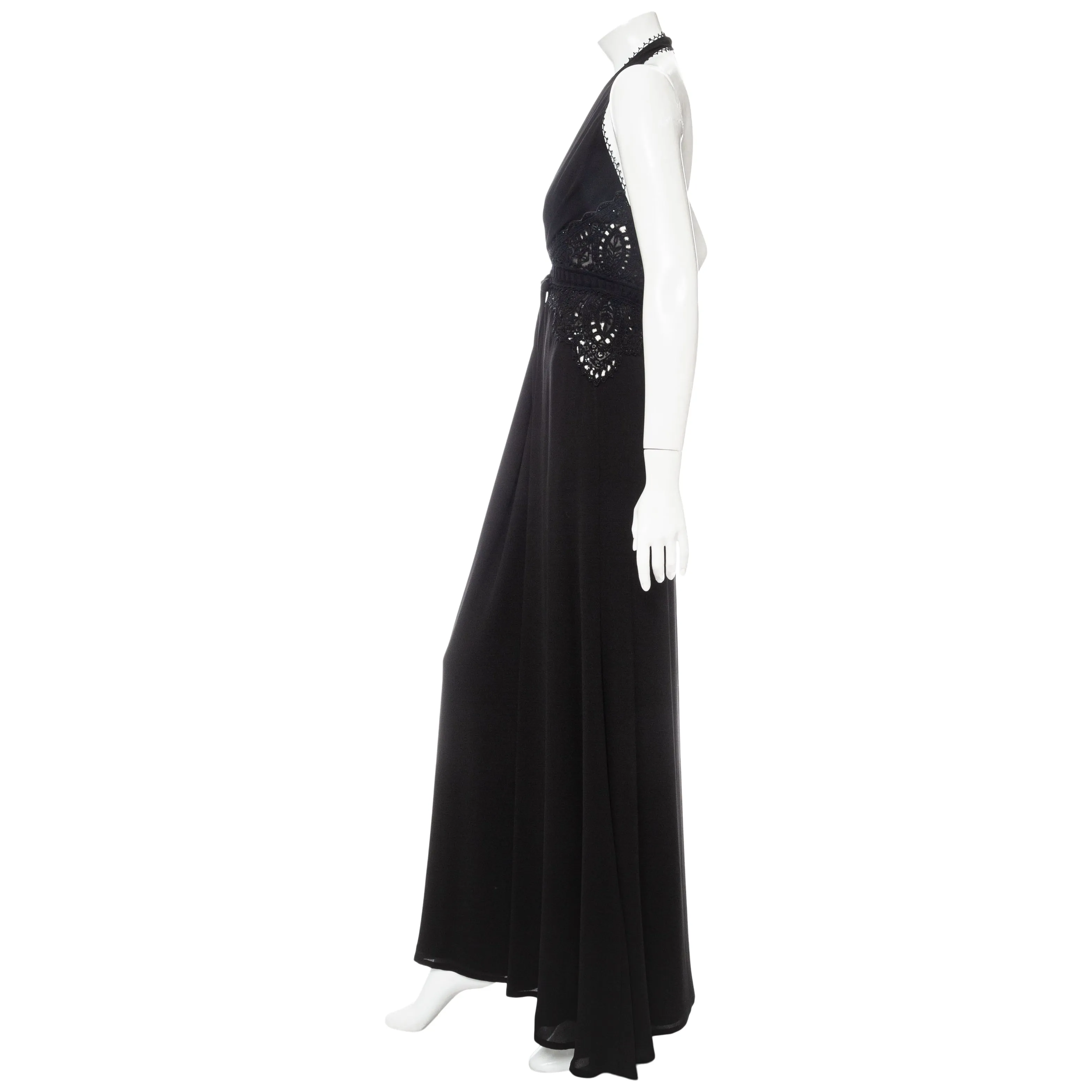 Black Silk Chiffon and Lace Halter V-Neck Dress