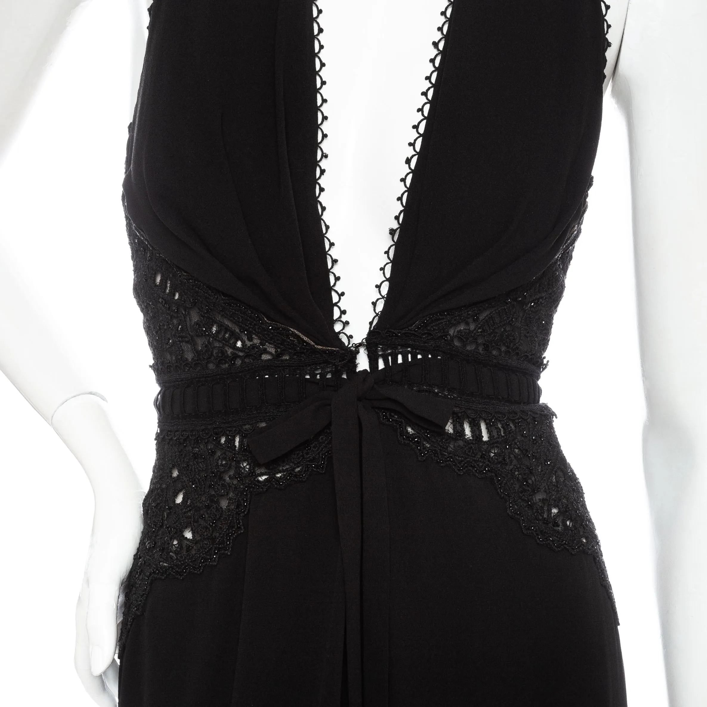 Black Silk Chiffon and Lace Halter V-Neck Dress