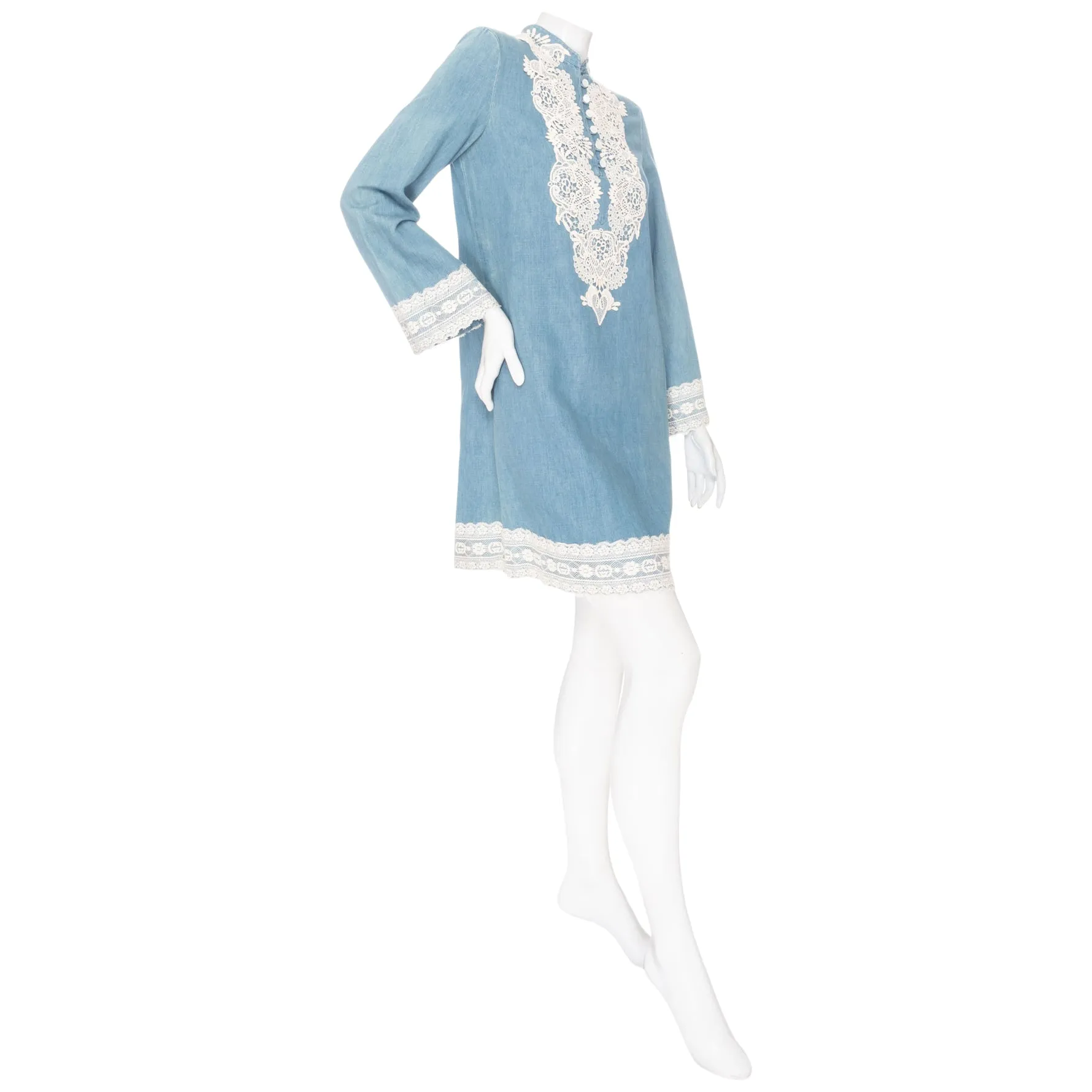 Blue Cotton-Linen Chambray and Lace Tunic Dress