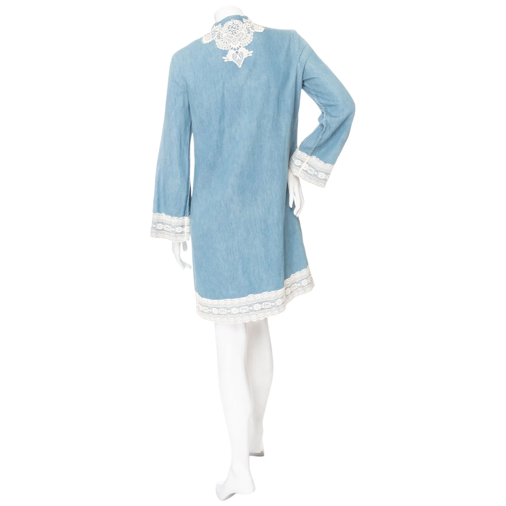 Blue Cotton-Linen Chambray and Lace Tunic Dress