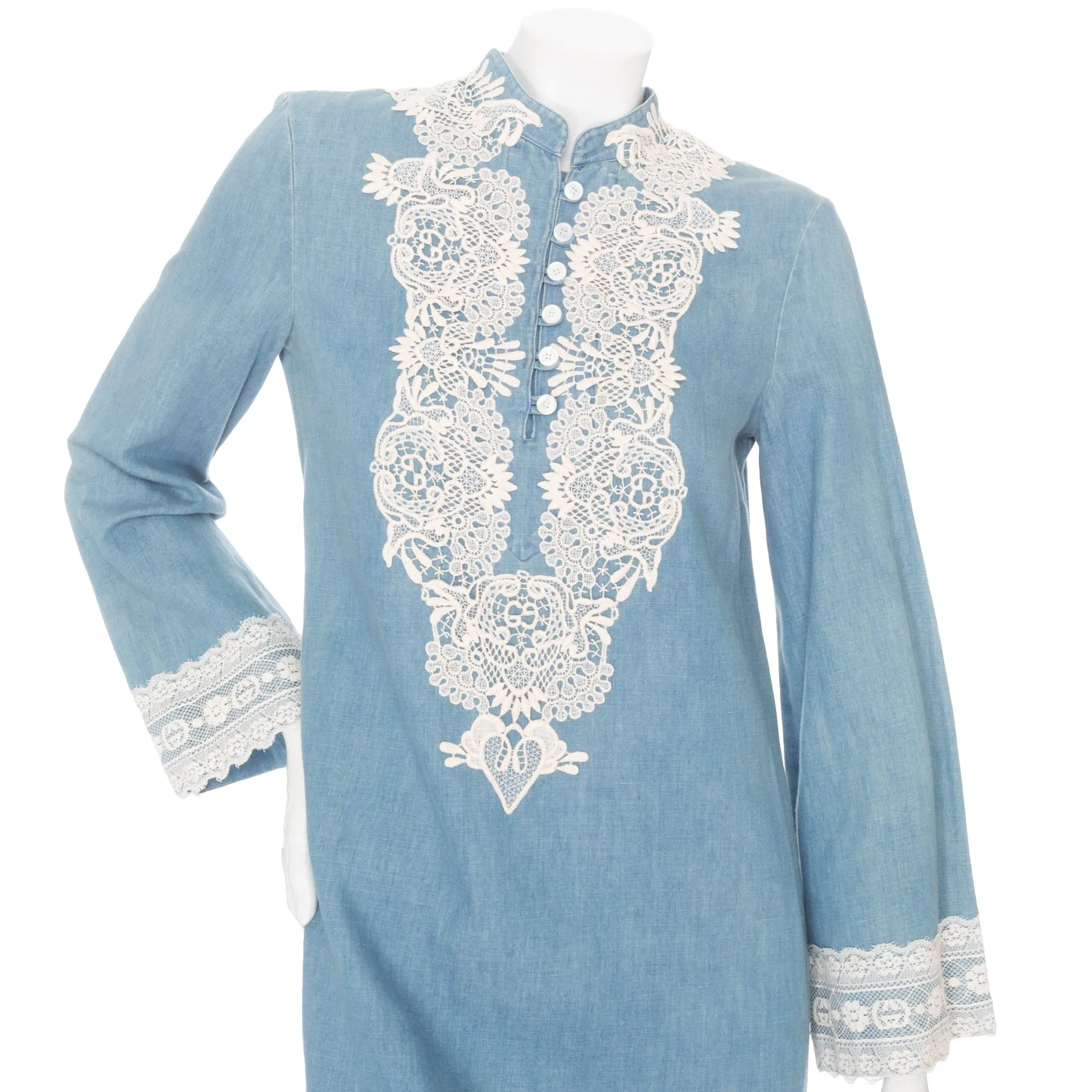 Blue Cotton-Linen Chambray and Lace Tunic Dress