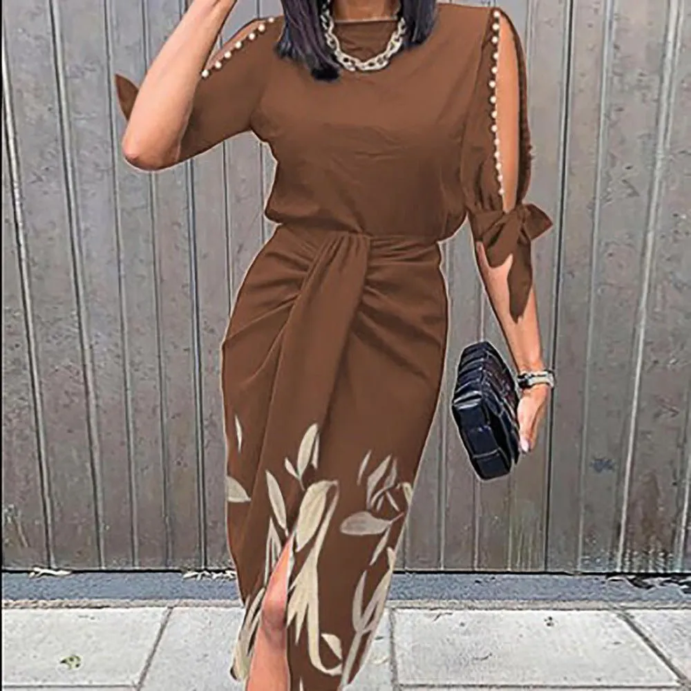 Botanical Abstract Print Tie Sleeve Midi Dress