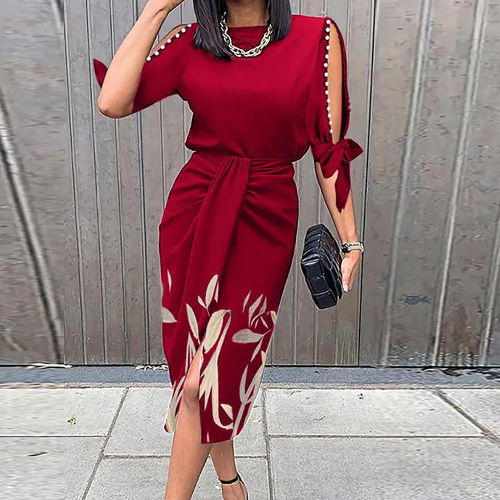 Botanical Abstract Print Tie Sleeve Midi Dress