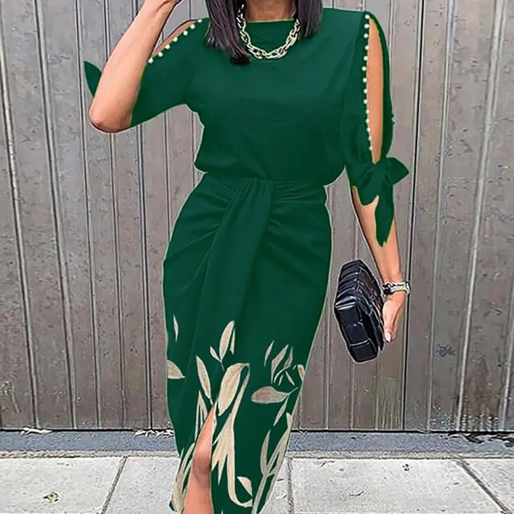 Botanical Abstract Print Tie Sleeve Midi Dress