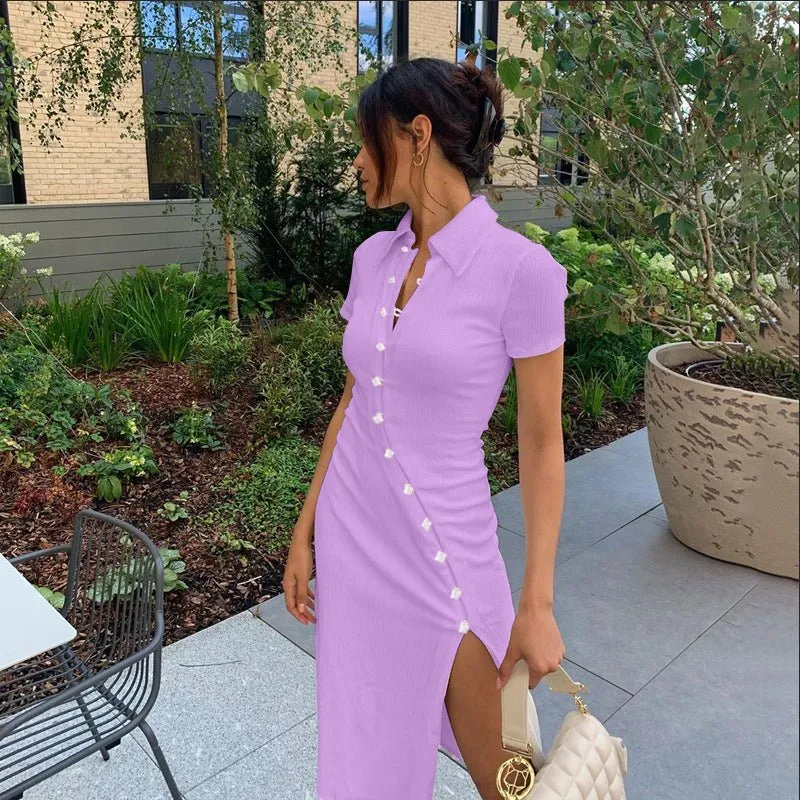 Button Down Short Sleeve V-Neck Midi Dress