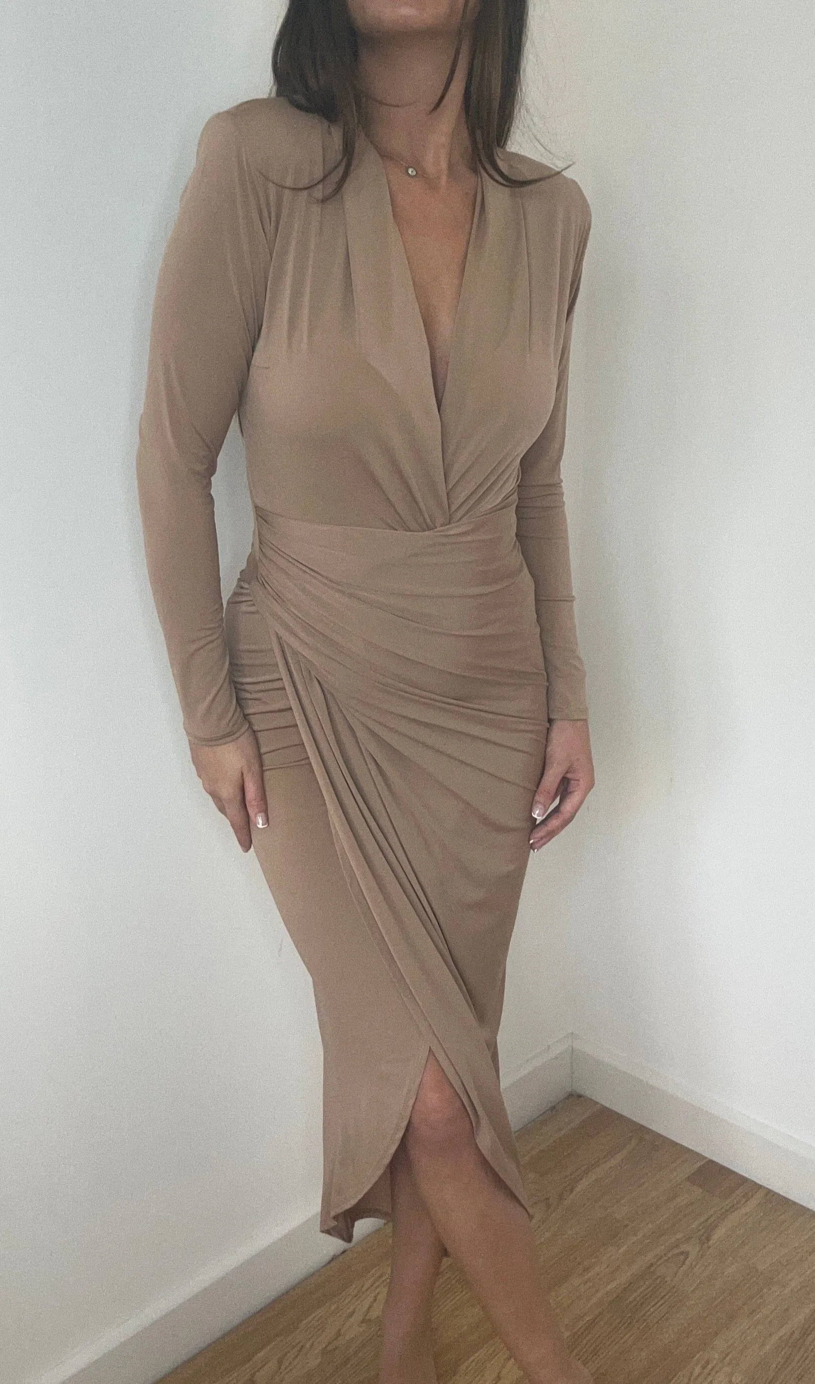 Camel Wrap Midi Dress