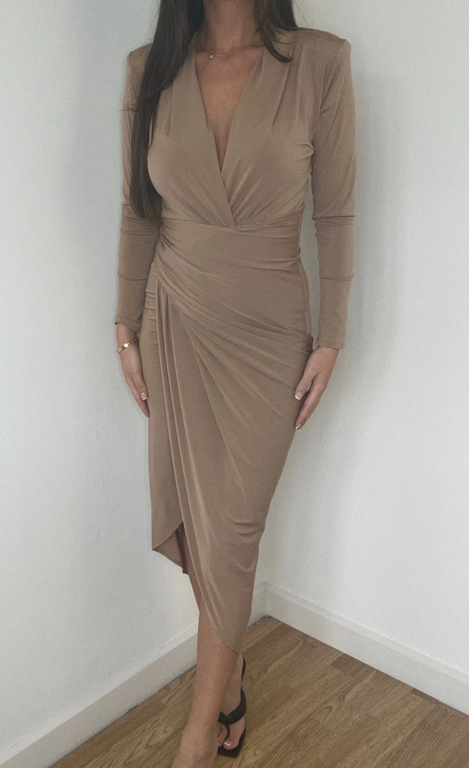 Camel Wrap Midi Dress