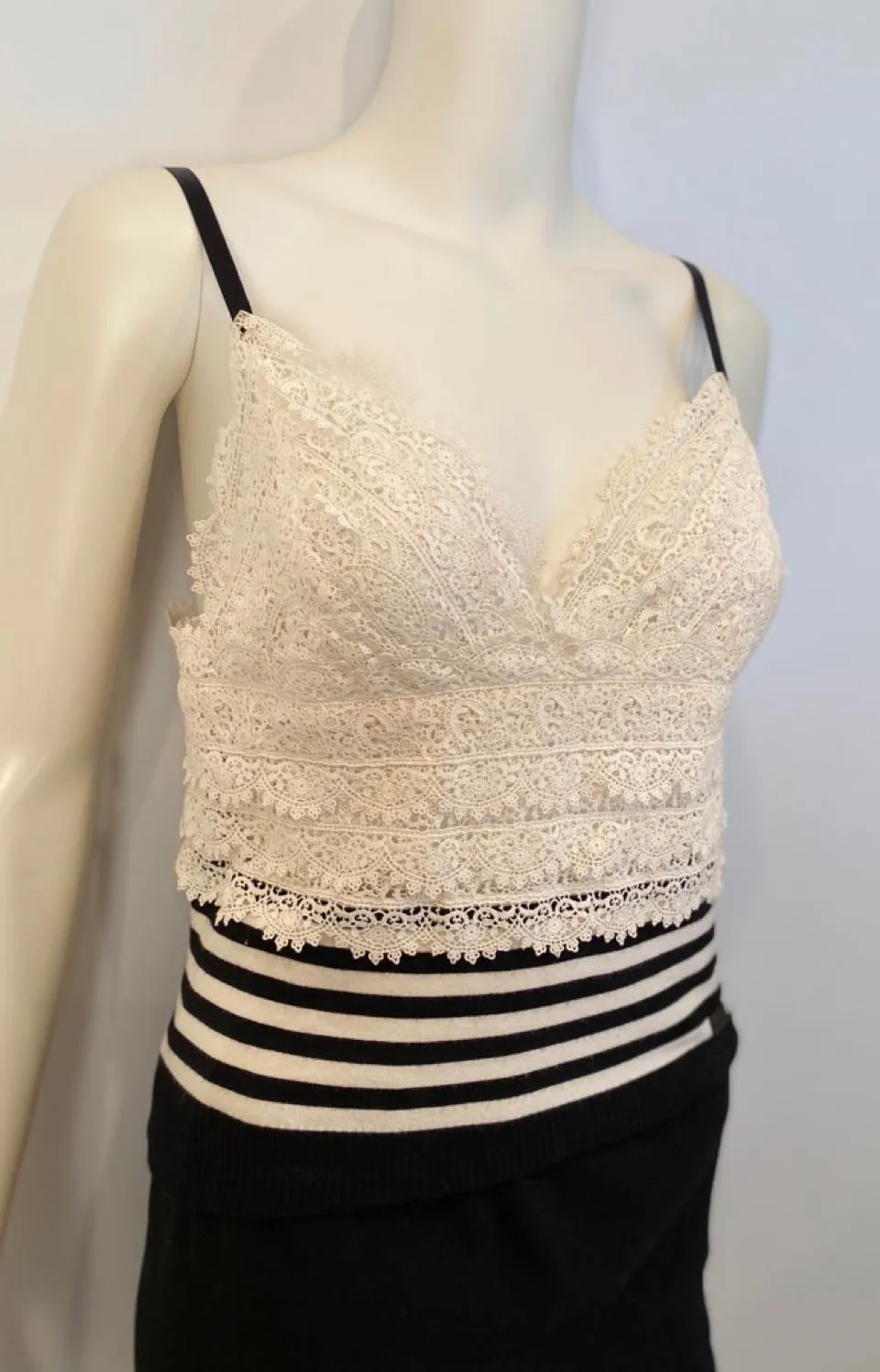 Chanel 05P, 2005 Spring Spaghetti Strap Camisole Lace Crochet Striped Top Blouse FR 38