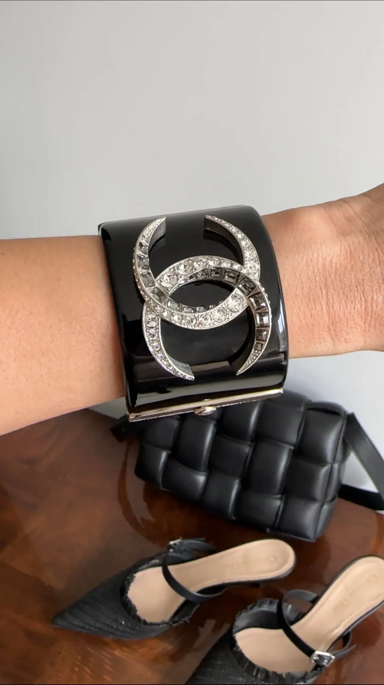 Chanel 15B  Black Resin Hinged Cuff with Silvertone Strass CC logo