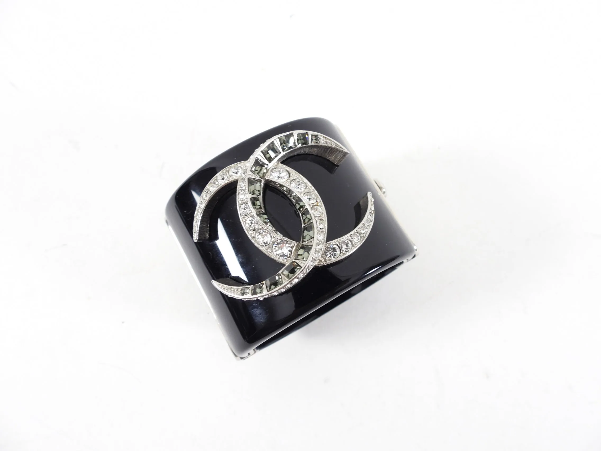 Chanel 15B  Black Resin Hinged Cuff with Silvertone Strass CC logo