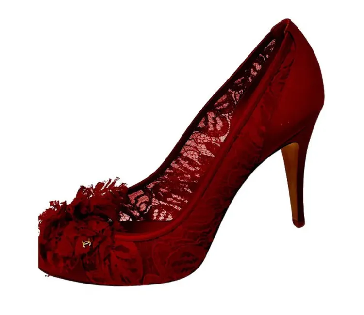 Chanel Light Red Lace Satin Heels EU 39C US 8.5/9