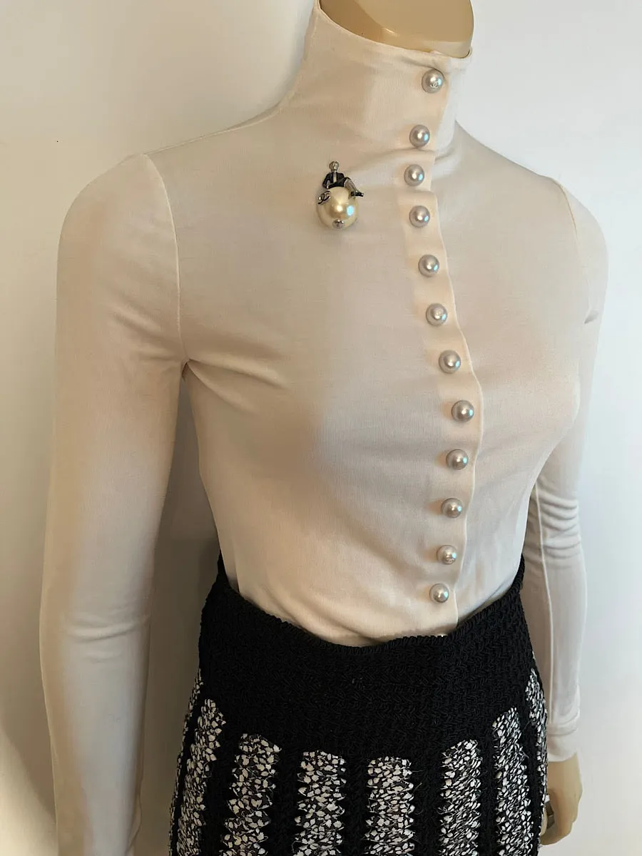 Chanel Satin Silk Pearl CC logo buttons Ivory Blouse FR 34