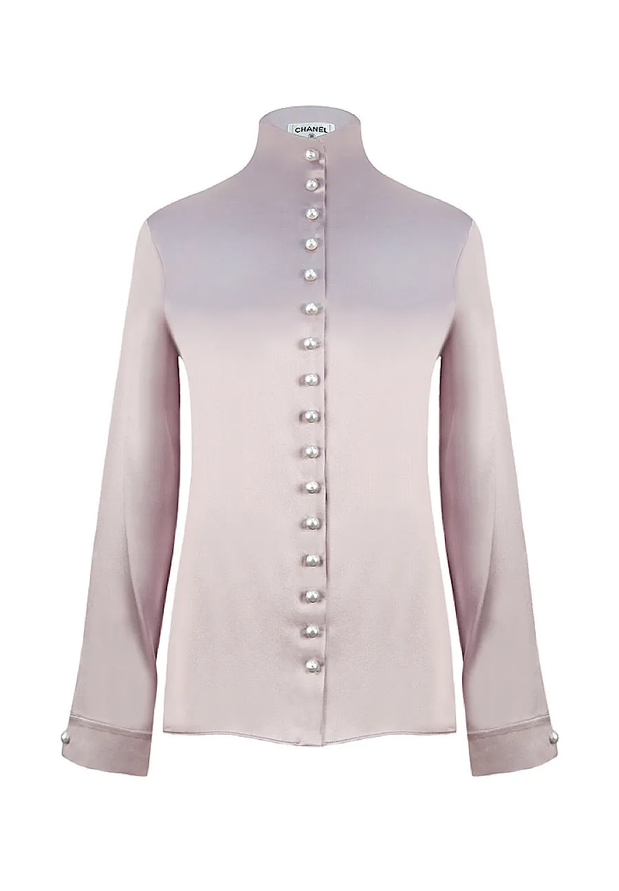 Chanel Satin Silk Pearl CC logo buttons Ivory Blouse FR 34