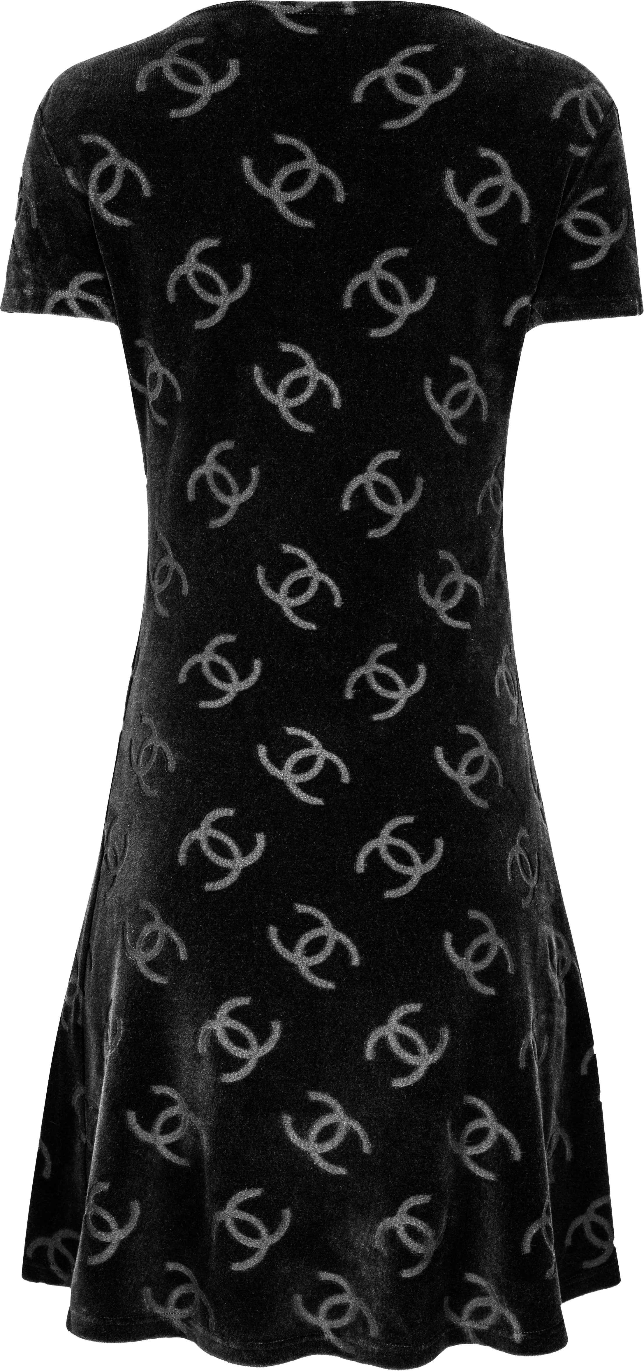 Chanel Spring 1996 Black Velour Logo Mini Dress