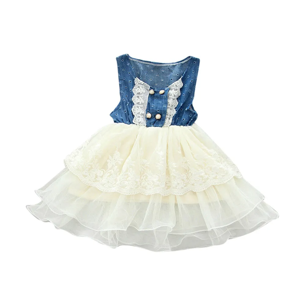 Child Kids Girls Casual Lace Dress Denim Splice Layered Tulle Vest Party Dress Pageant Cowgirl Barn Party