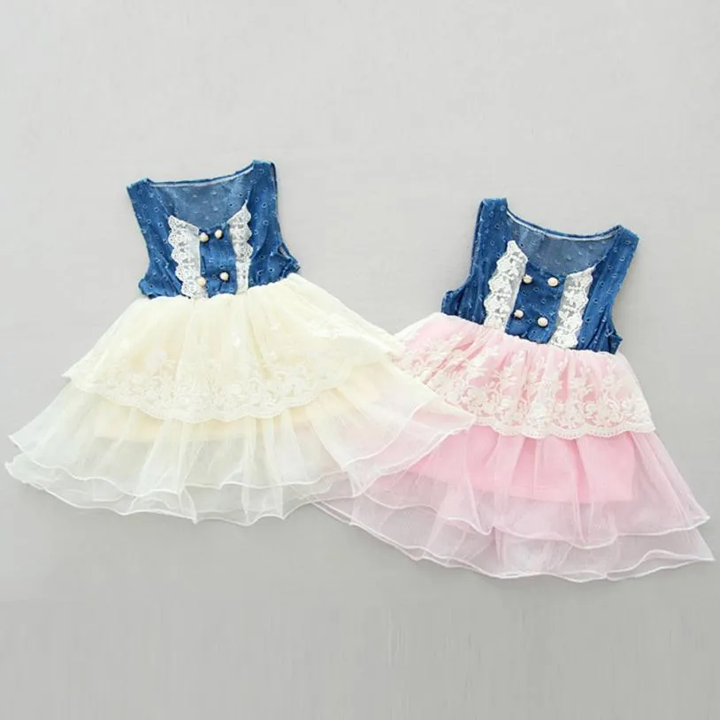 Child Kids Girls Casual Lace Dress Denim Splice Layered Tulle Vest Party Dress Pageant Cowgirl Barn Party