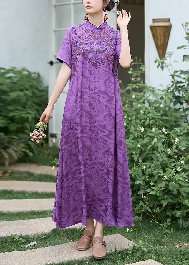 Chinese Style Purple Stand Collar Embroidered Silk Dress Summer WW1016