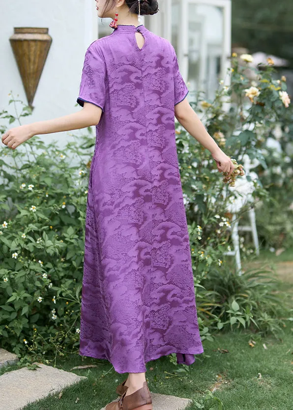 Chinese Style Purple Stand Collar Embroidered Silk Dress Summer WW1016