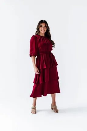 Clara Satin Dress in Burgundy