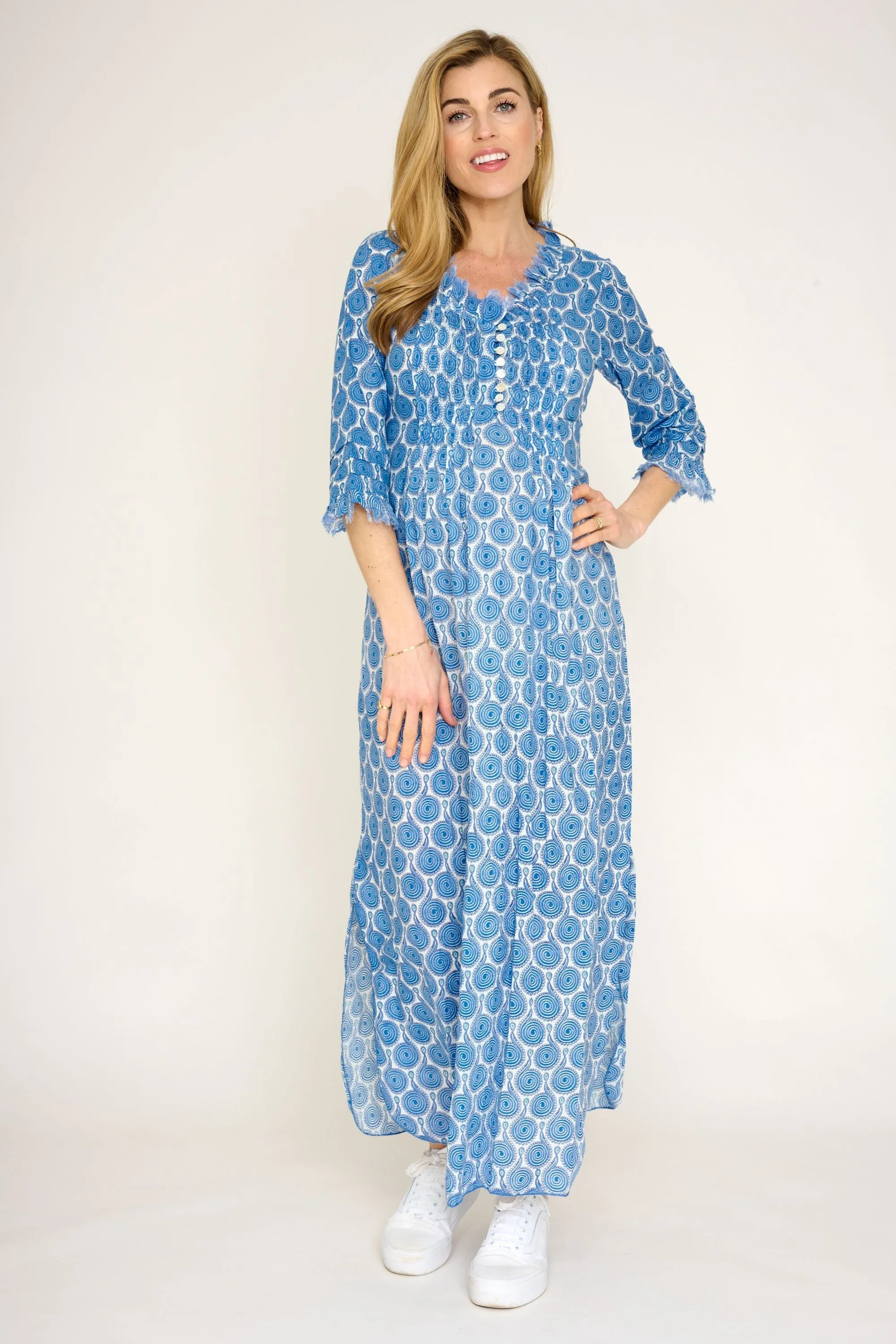 Cotton Annabel Maxi Dress in Blue & White Peacock Swirl