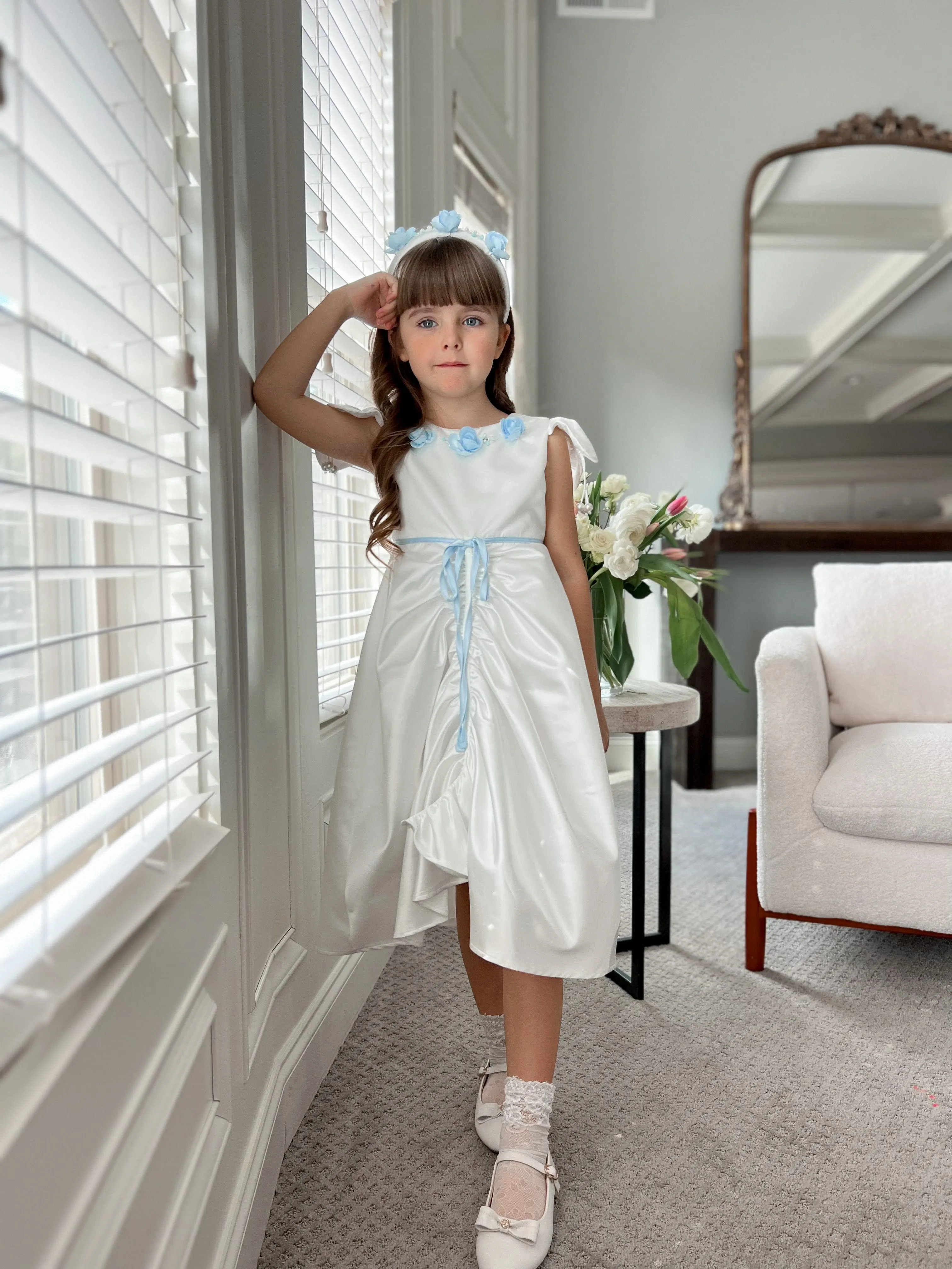 Daphne White Satin Dress with Blue Embroidery