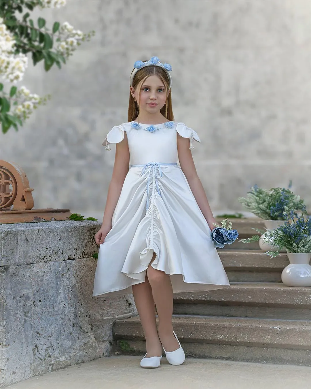 Daphne White Satin Dress with Blue Embroidery