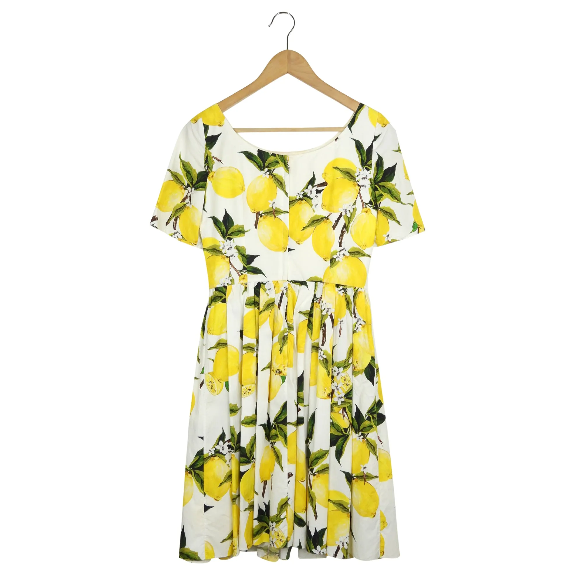 Dolce and Gabbana Yellow, Green and White Lemon Print Cotton Midi Dress -