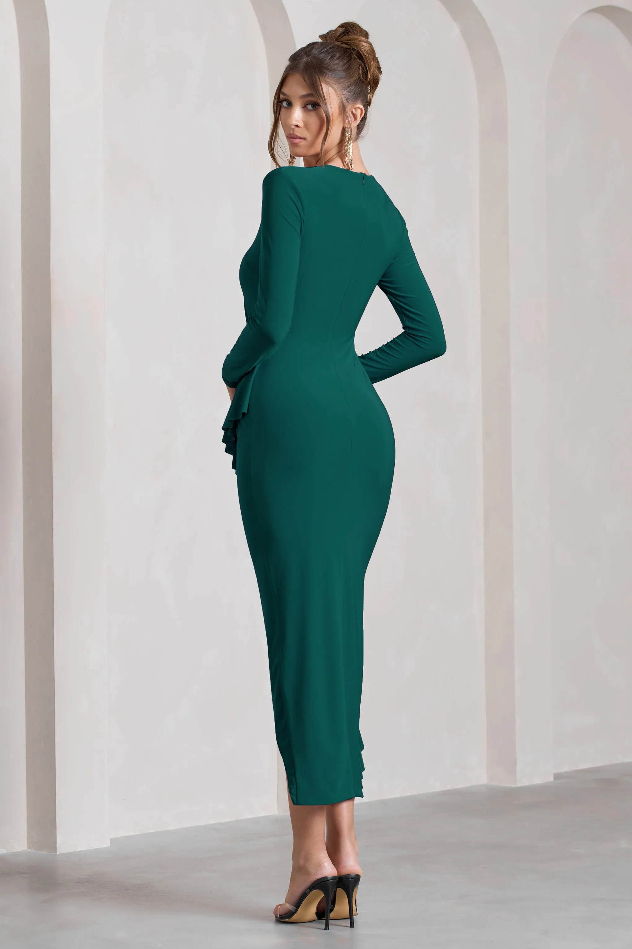 Dolce Vita | Bottle Green Long-Sleeve Ruffle Asymmetric Split Midi Dress