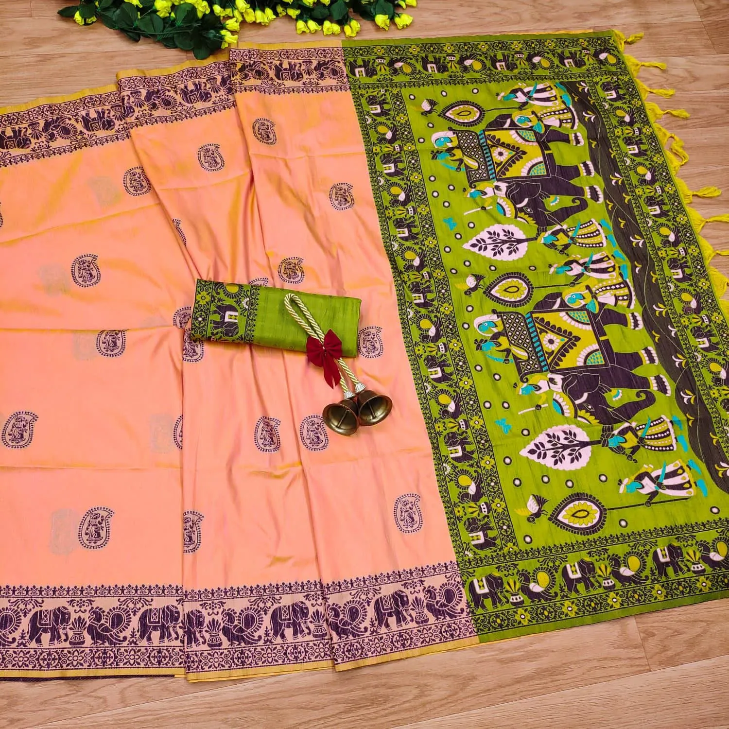 Fascinating Peach And Green Color Soft Raw Silk Saree With Antique Woven Design And Contrast Pallu