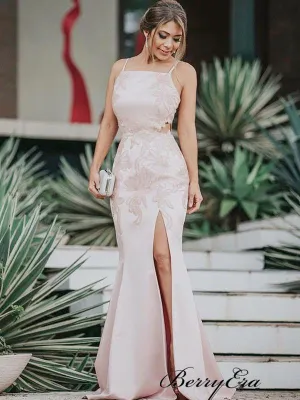 Fashion Straps Graduation Party Prom Dresses, Lace Silt Long Prom Dresses