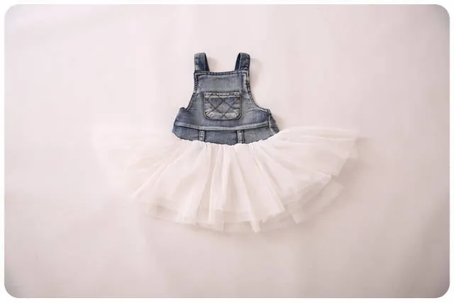 Fashion Summer Lace Denim Patch Baby Girl Dress Children Party Frock Baby Girls Kids Princess Party Tutu Dress