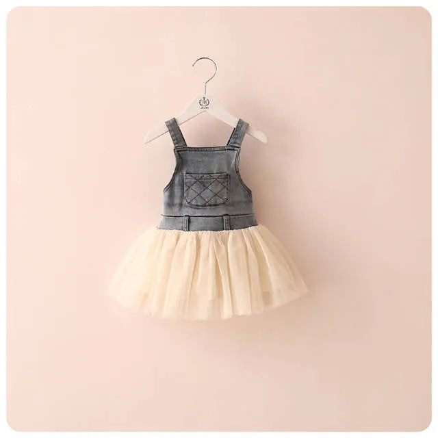 Fashion Summer Lace Denim Patch Baby Girl Dress Children Party Frock Baby Girls Kids Princess Party Tutu Dress