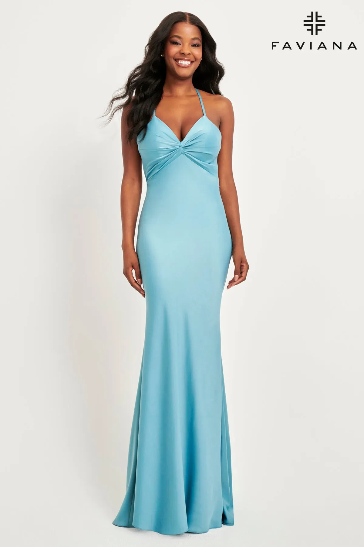 Faviana style 11066 Matte Satin V-Neck Dress With Knot Details