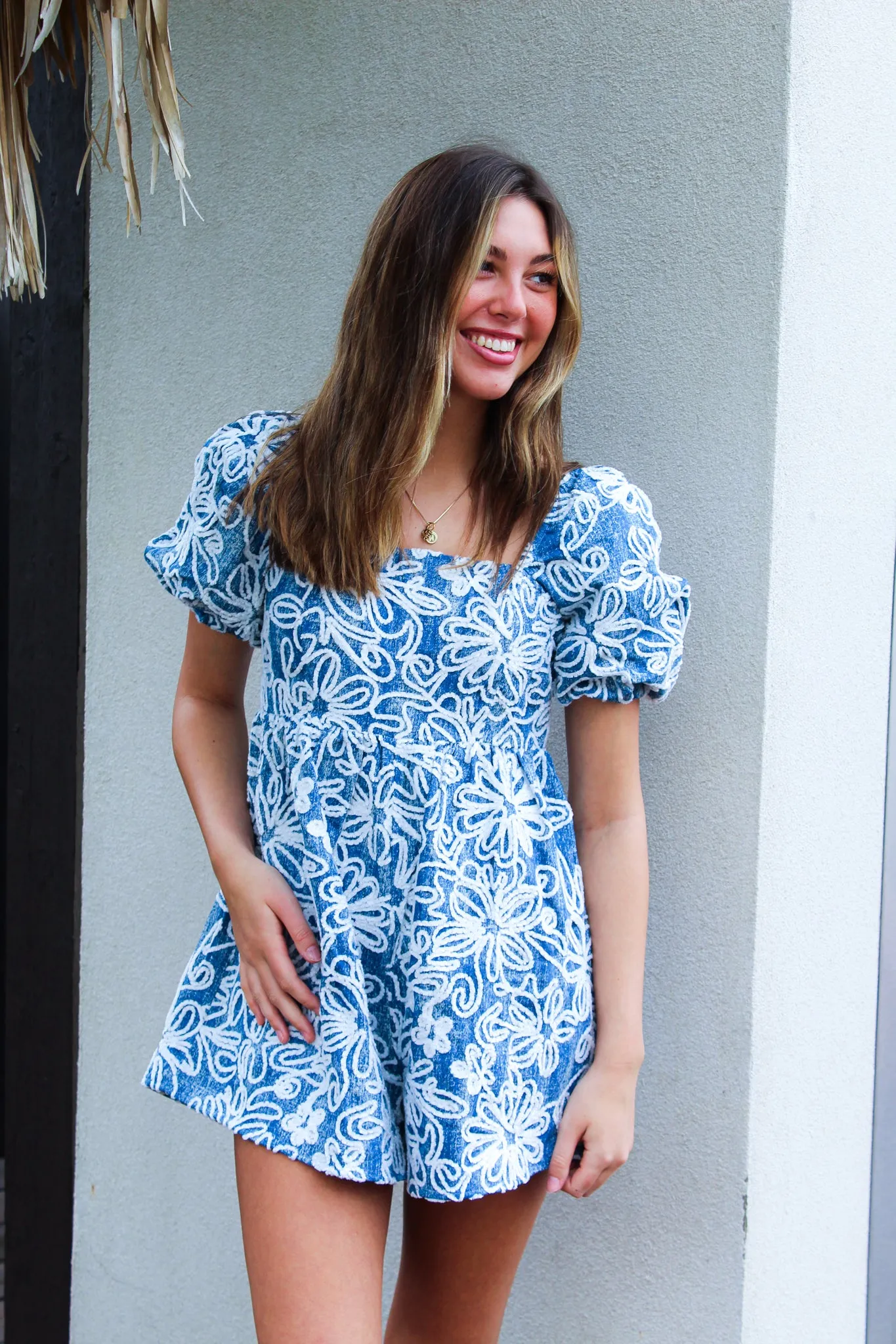 Floral Velvet Denim Romper