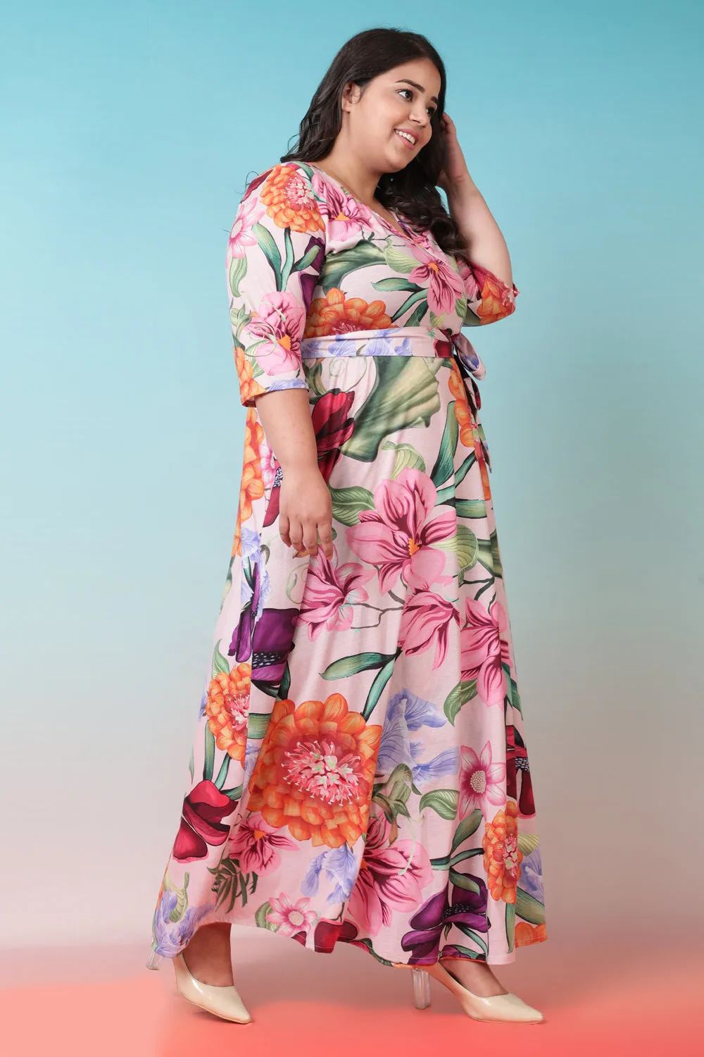 Florals in Peaches True Wrap Maxi Dress