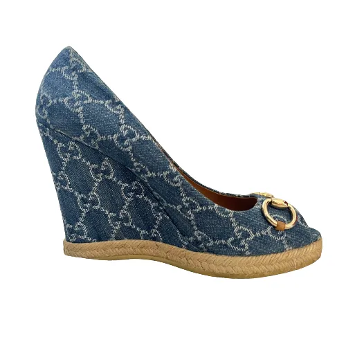 Gucci Blue Denim Monogram Peep Toe Wedges | Gently Used |