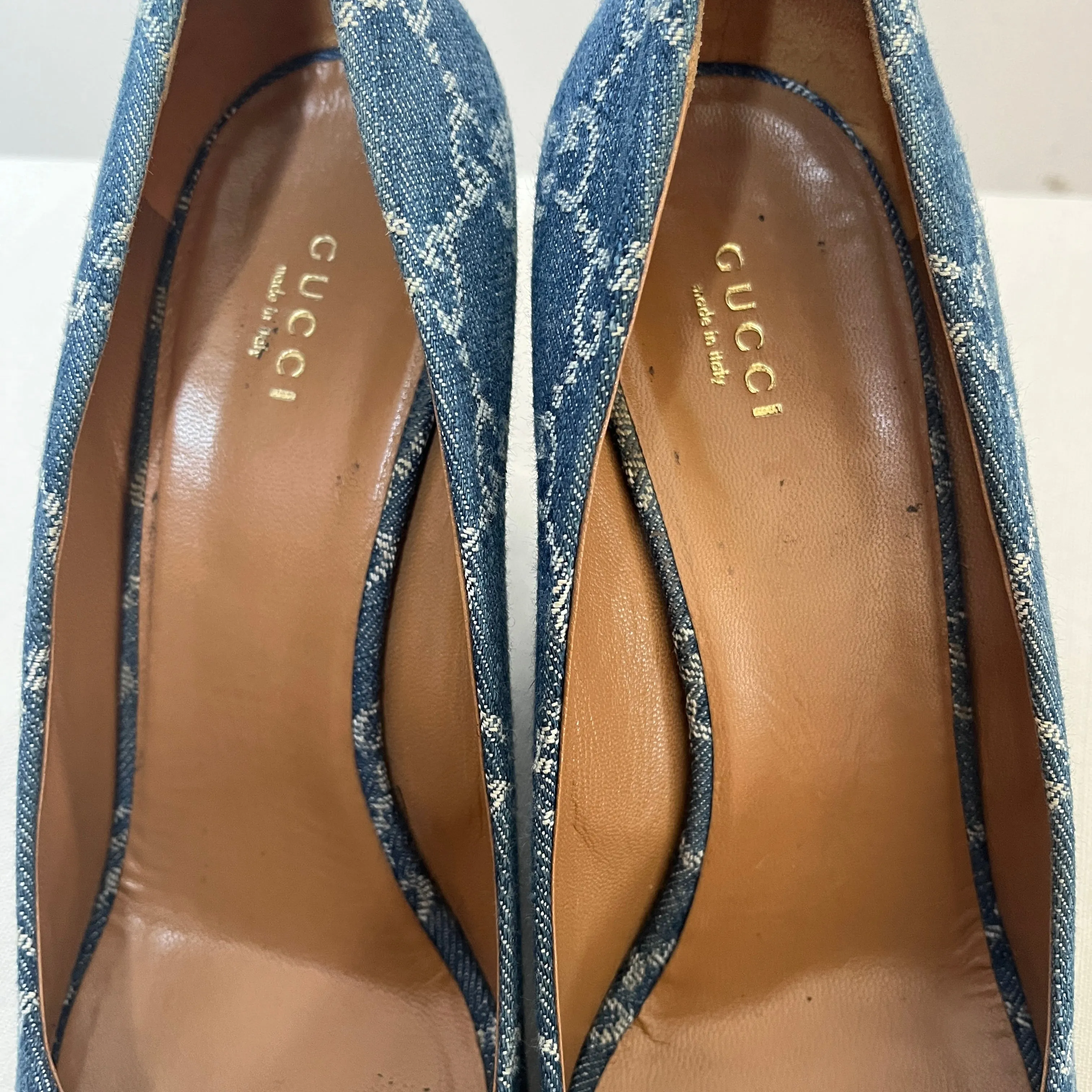 Gucci Blue Denim Monogram Peep Toe Wedges | Gently Used |