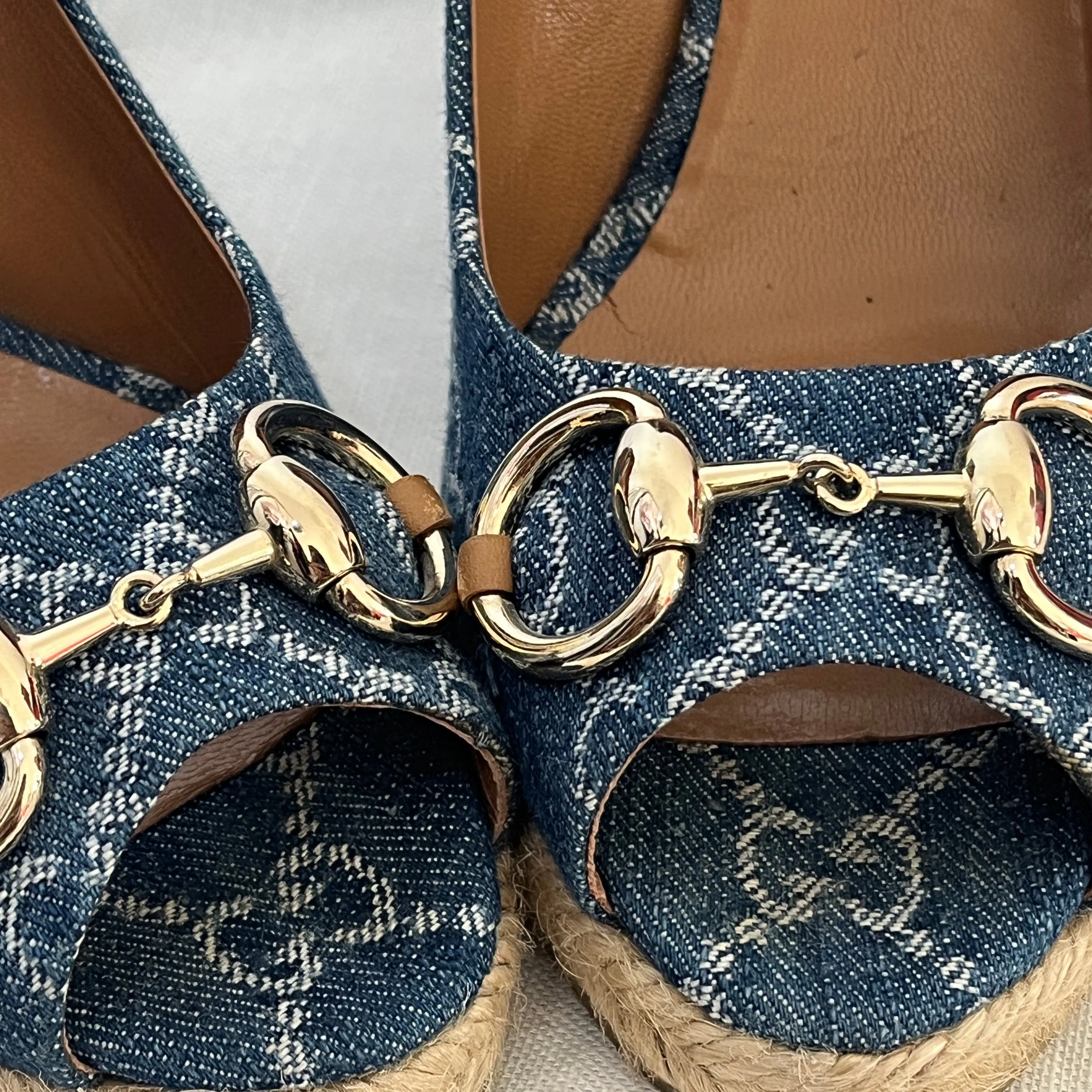 Gucci Blue Denim Monogram Peep Toe Wedges | Gently Used |