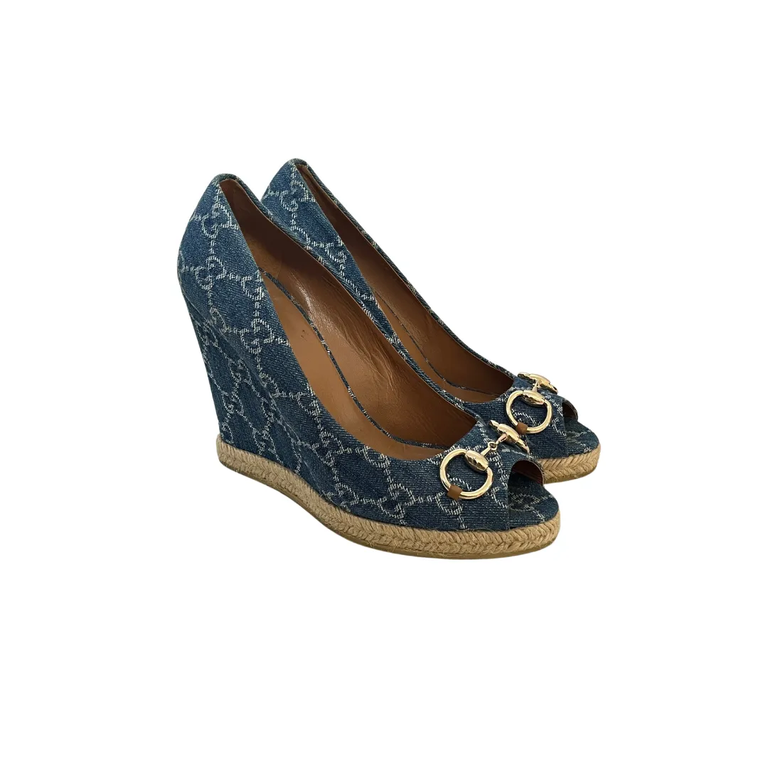 Gucci Blue Denim Monogram Peep Toe Wedges | Gently Used |