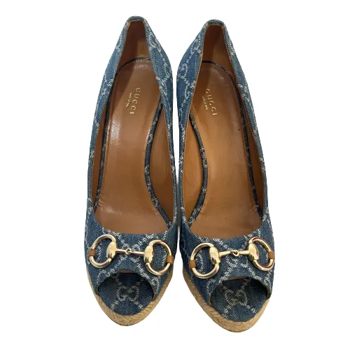 Gucci Blue Denim Monogram Peep Toe Wedges | Gently Used |