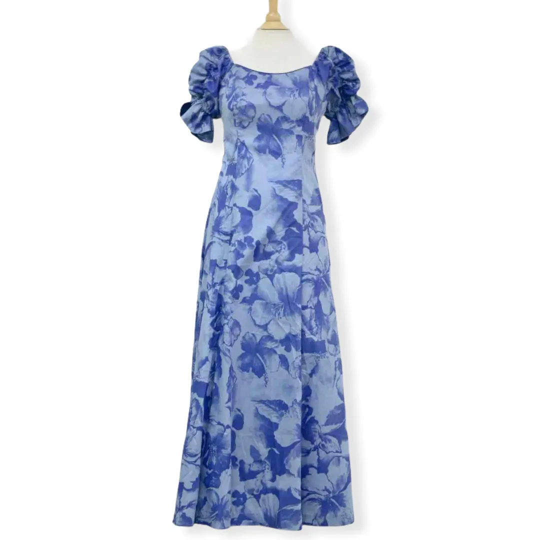 Hawaiian Muumuu Blue Dress with Half Sleeve in Hibiscus Print | Blue 2861